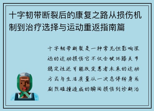 十字韧带断裂后的康复之路从损伤机制到治疗选择与运动重返指南篇