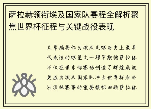 萨拉赫领衔埃及国家队赛程全解析聚焦世界杯征程与关键战役表现 萨拉赫领衔埃及国家队赛程全解析聚焦世界杯征程与关键战役表现